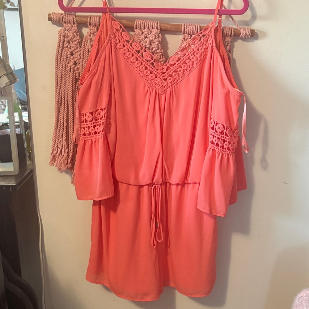 City Triangles Coral Cold-Shoulder Romper with Crochet Trim